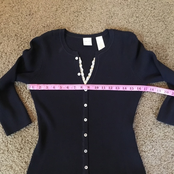 Navy Blue Ribbed Sweater with Buttons & Lace-Med - Picture 4 of 7